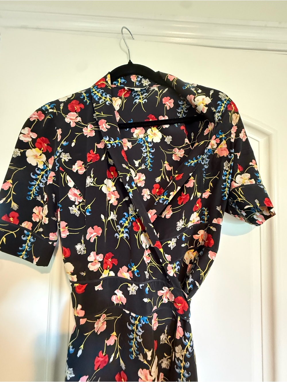 Equipment Black Floral Midi Dress with Pink Red Blue Accents